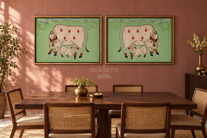 Cow and Calf on Sage Green — gallery wall room view 1