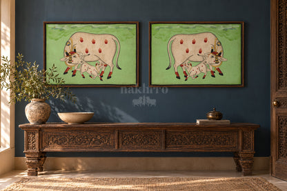 Cow and Calf on Sage Green — gallery wall room view 2
