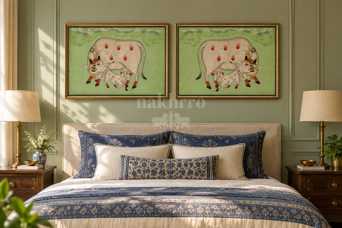Cow and Calf on Sage Green — gallery wall room view 3
