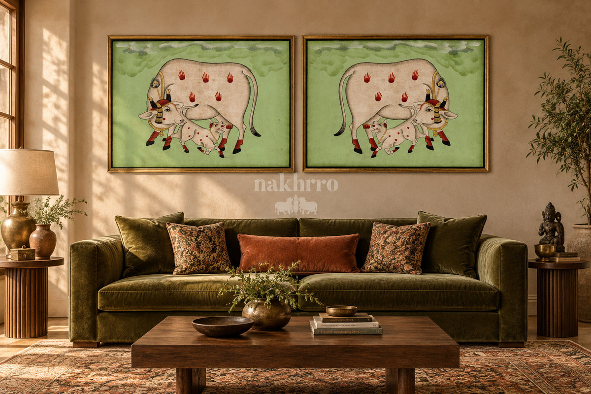 Cow and Calf on Sage Green — gallery wall room view 4