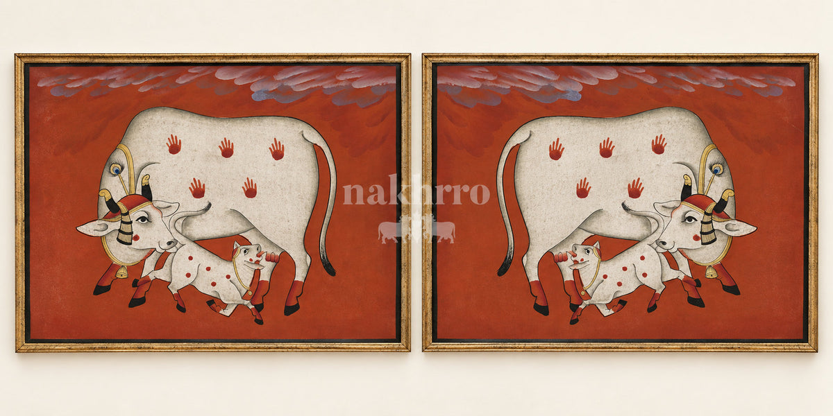Cow and Calf on Terracotta | Mirrored Pichwai Gallery Wall Set of Two