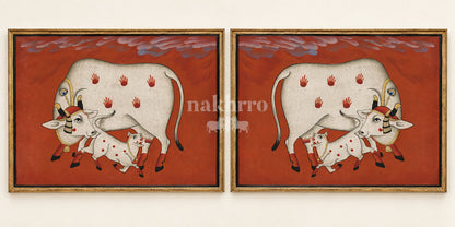 Cow and Calf on Terracotta | Mirrored Pichwai Gallery Wall Set of Two