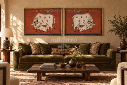 Cow and Calf on Terracotta — gallery wall room view 1