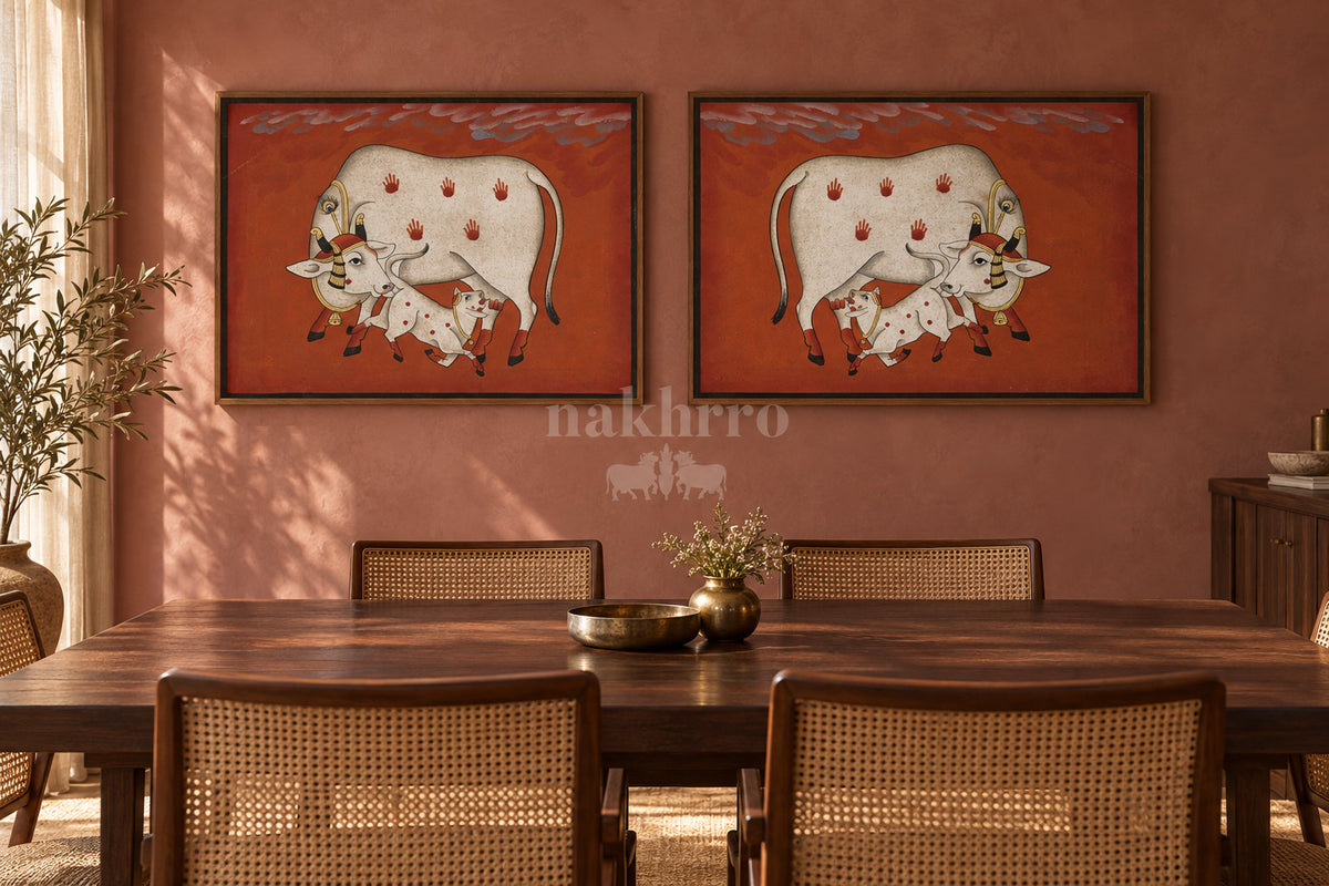 Cow and Calf on Terracotta — gallery wall room view 2