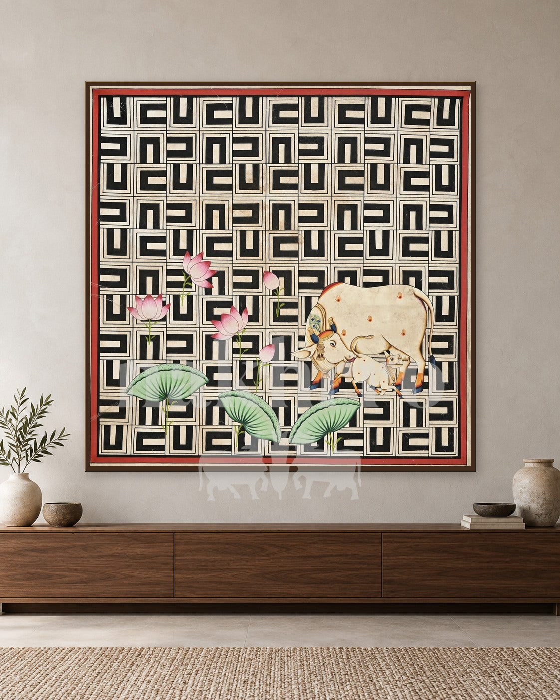 Cow and Calf with Lotuses on a Monochrome Maze — slim-frame room mockup 1 with Nakhrro watermark