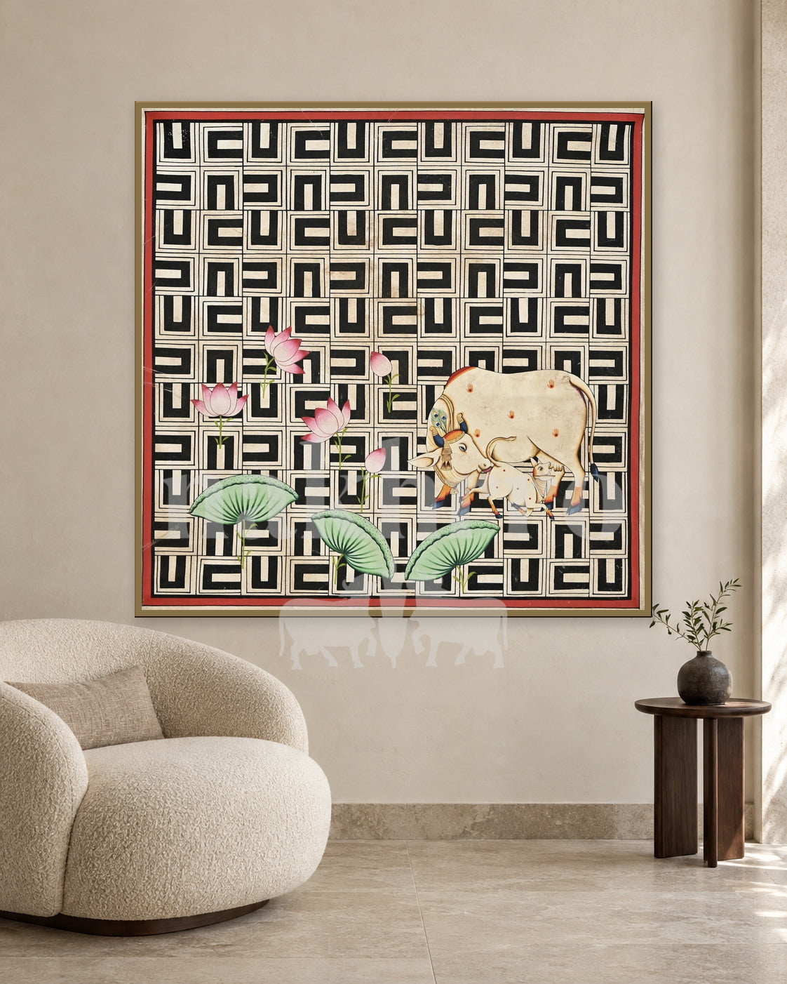 Cow and Calf with Lotuses on a Monochrome Maze — slim-frame room mockup 2 with Nakhrro watermark