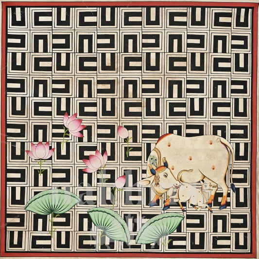 Cow and Calf with Lotuses on a Monochrome Maze | Hand-Painted Original