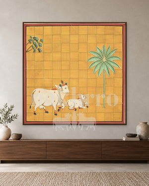 Cow and Calf with Palm on a Yellow Grid — slim-frame room mockup 1 with Nakhrro watermark