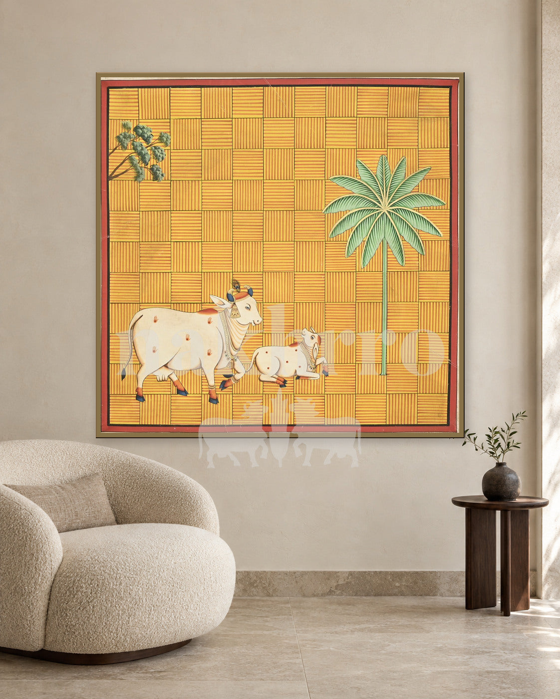 Cow and Calf with Palm on a Yellow Grid — slim-frame room mockup 2 with Nakhrro watermark