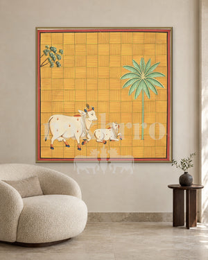 Cow and Calf with Palm on a Yellow Grid — slim-frame room mockup 2 with Nakhrro watermark