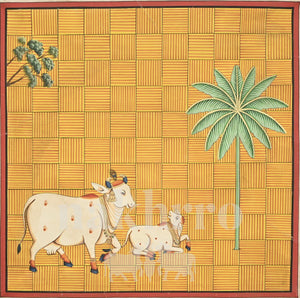 Cow and Calf with Palm on a Yellow Grid — full artwork with Nakhrro watermark