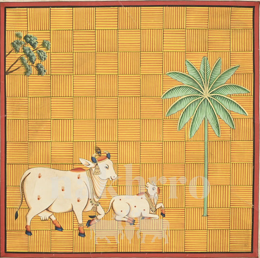 Cow and Calf with Palm on a Yellow Grid | Hand-Painted Original