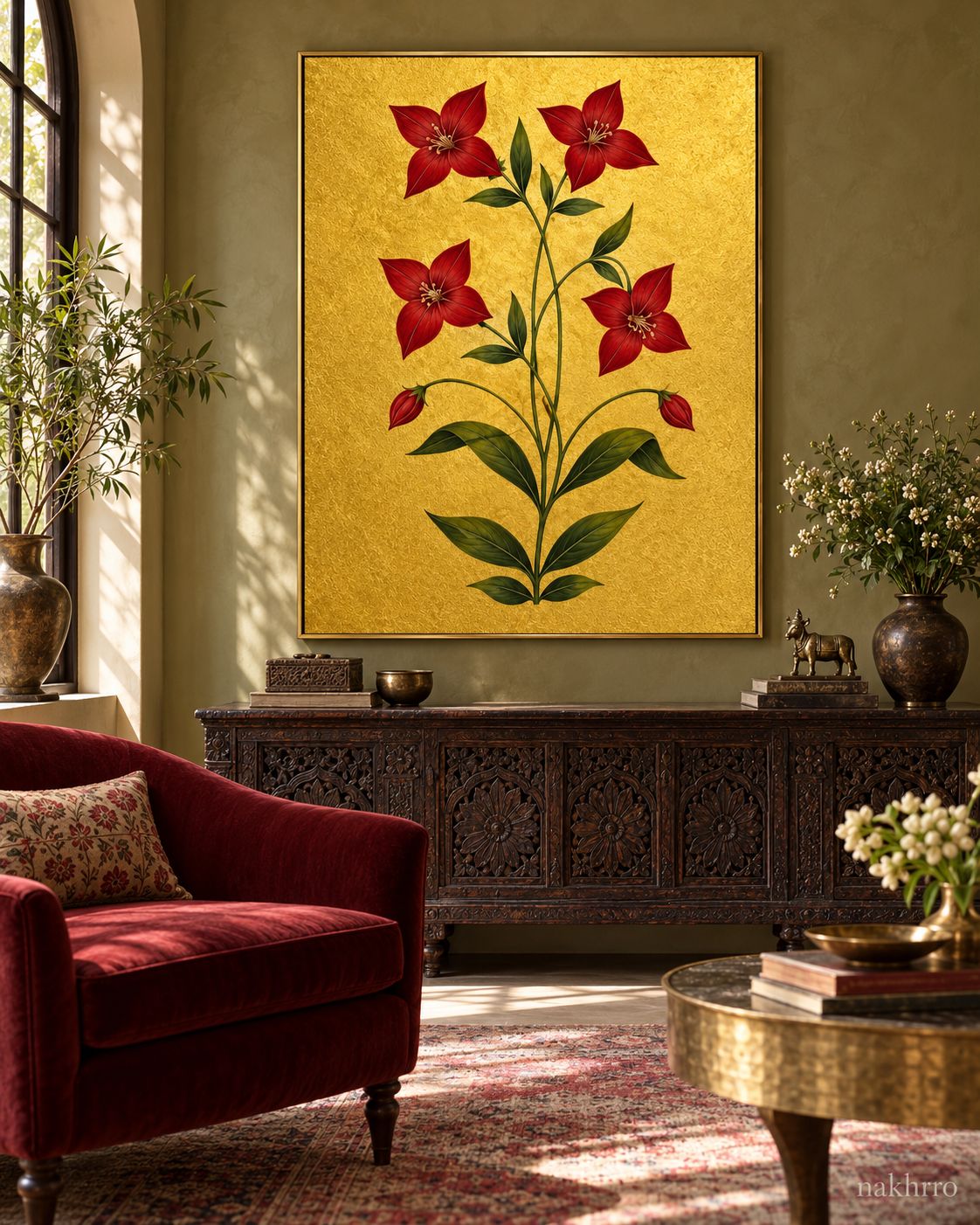 Crimson Star Flowers on Gold | Mughal Botanical Art Print in a styled room