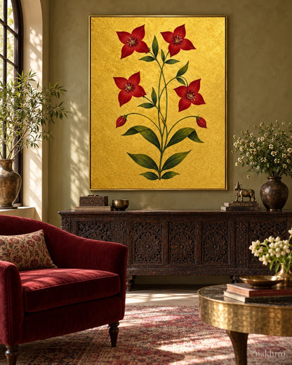 Crimson Star Flowers on Gold | Mughal Botanical Art Print in a styled room