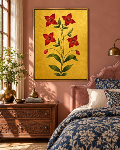 Crimson Star Flowers on Gold | Mughal Botanical Art Print in a styled room