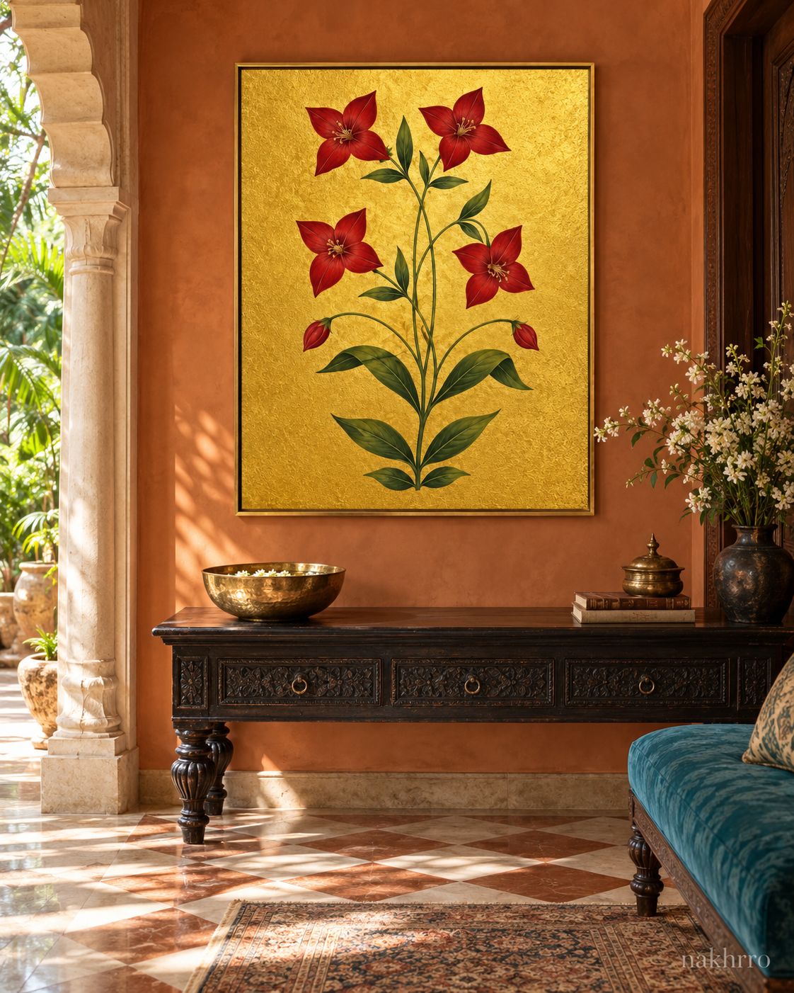 Crimson Star Flowers on Gold | Mughal Botanical Art Print in a styled room