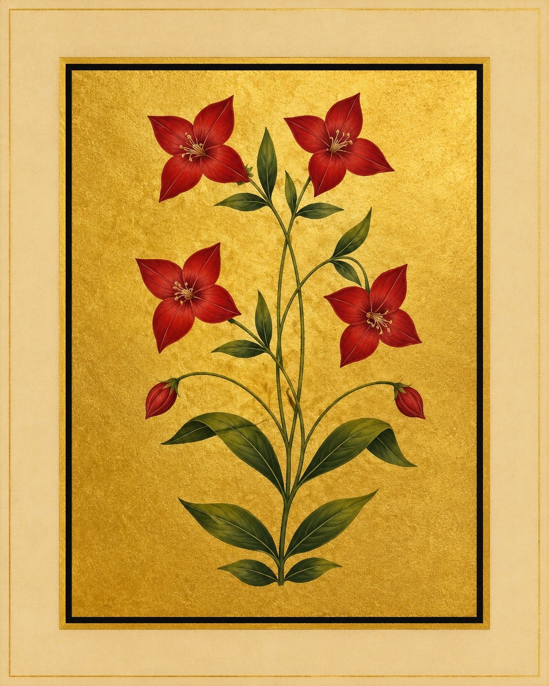 Four crimson star-shaped blooms and red buds grow on a graceful leafy stem. Gold-ground botanical art.