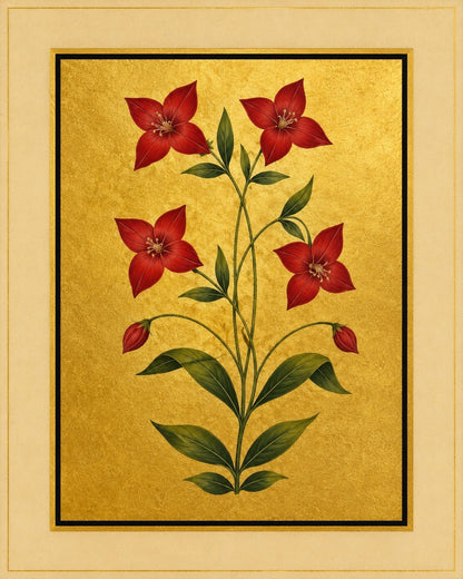 Four crimson star-shaped blooms and red buds grow on a graceful leafy stem. Gold-ground botanical art.