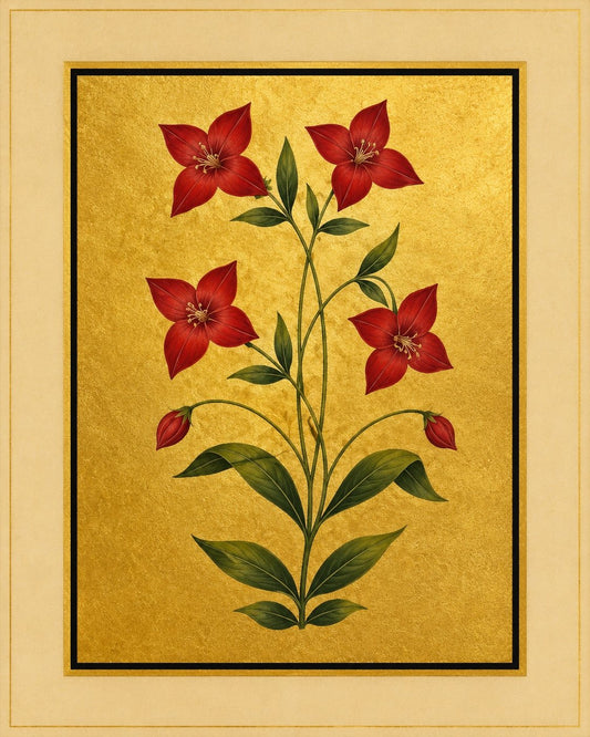 Four crimson star-shaped blooms and red buds grow on a graceful leafy stem. Gold-ground botanical art.