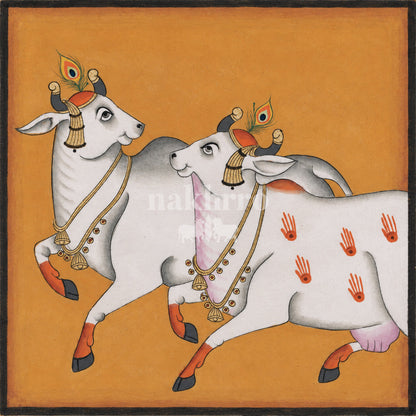 Dancing Cows on Ochre | Pichwai Museum-Grade Art Print