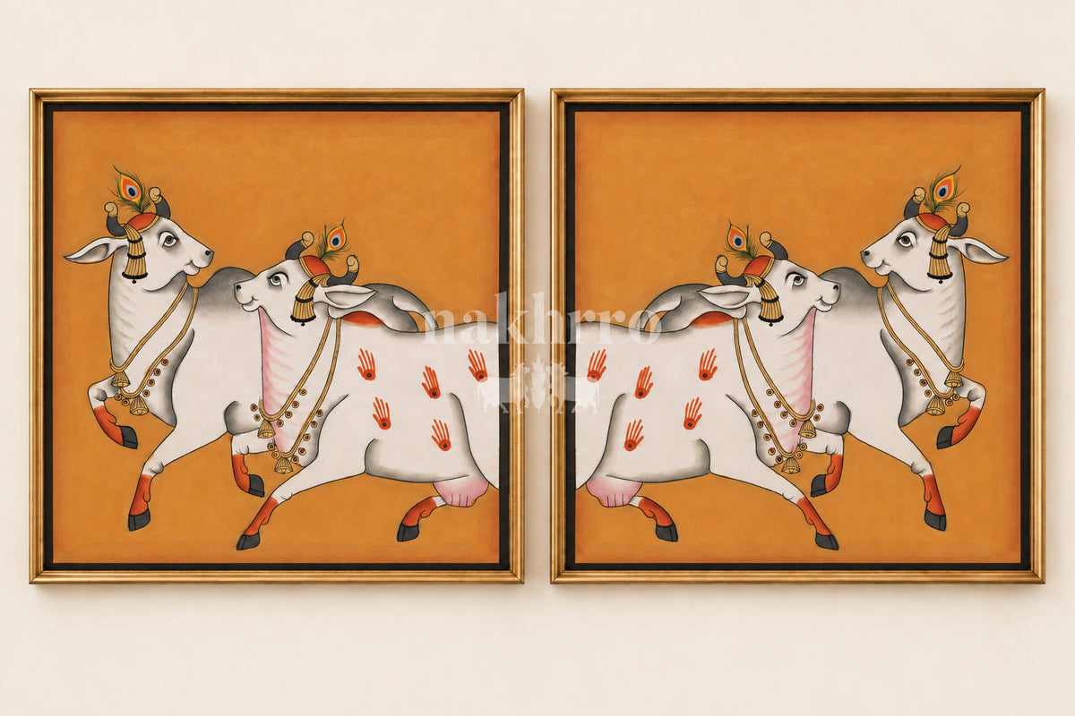 Dancing Cows on Ochre | Mirrored Pichwai Gallery Wall Set of Two