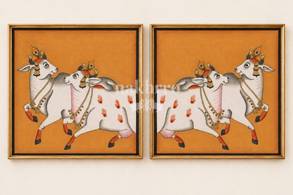 Dancing Cows on Ochre | Mirrored Pichwai Gallery Wall Set of Two