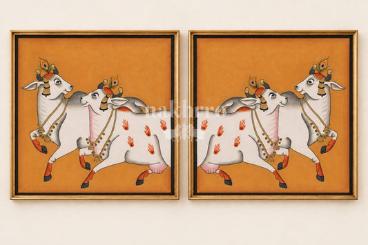 Dancing Cows on Ochre | Mirrored Pichwai Gallery Wall Set of Two