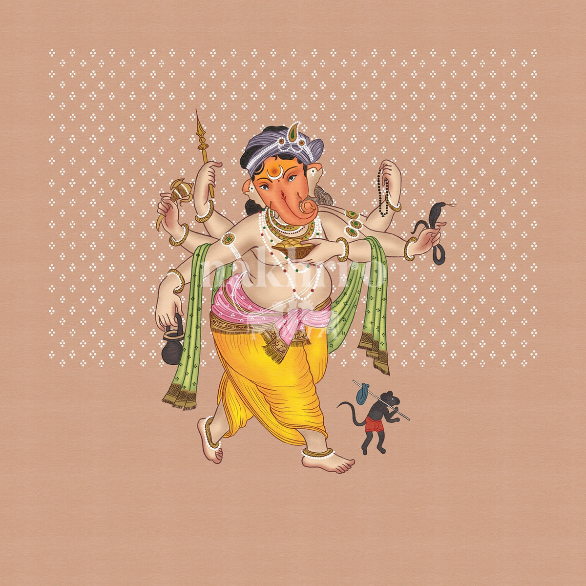 Dancing Ganesha against a blush patterned background