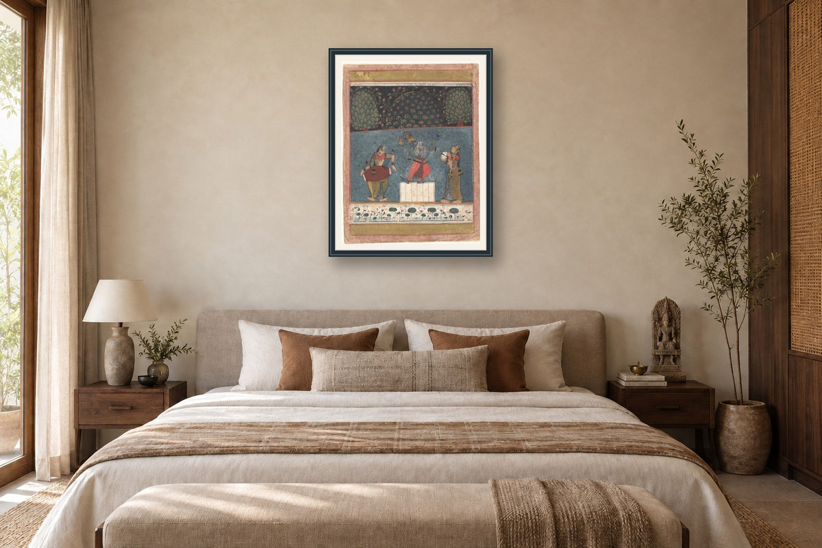 Dancing Krishna with Gopis museum-grade art print in a bedroom