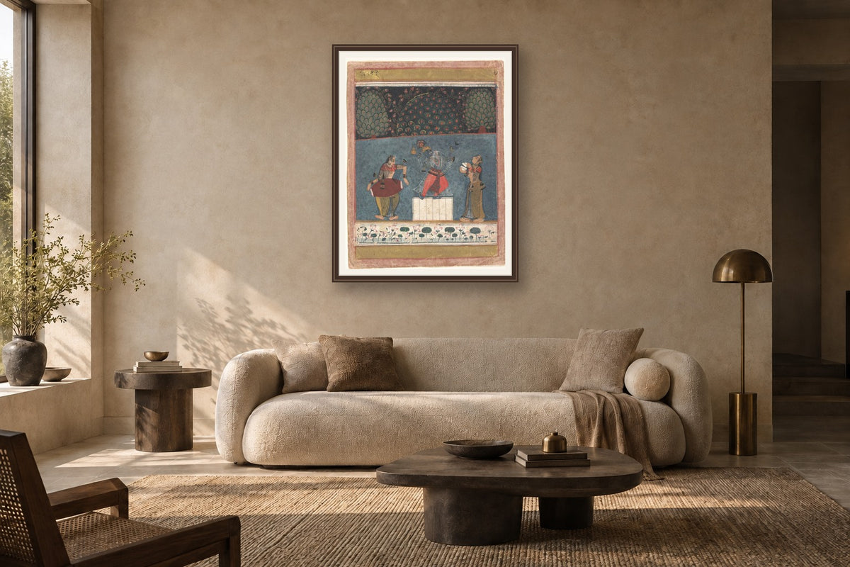 Dancing Krishna with Gopis museum-grade art print in a living room