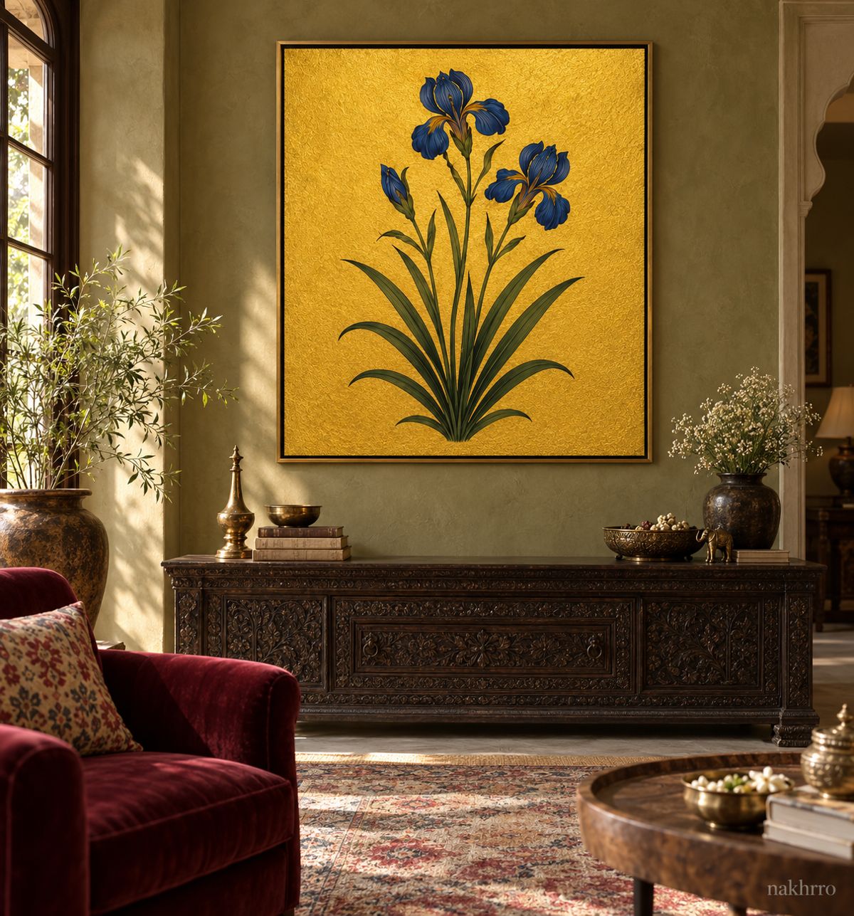 Deep Blue Iris on Gold | Mughal Botanical Art Print in a styled room