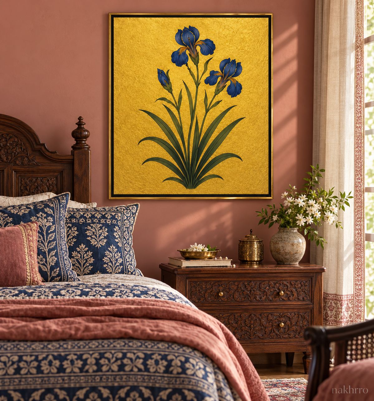 Deep Blue Iris on Gold | Mughal Botanical Art Print in a styled room