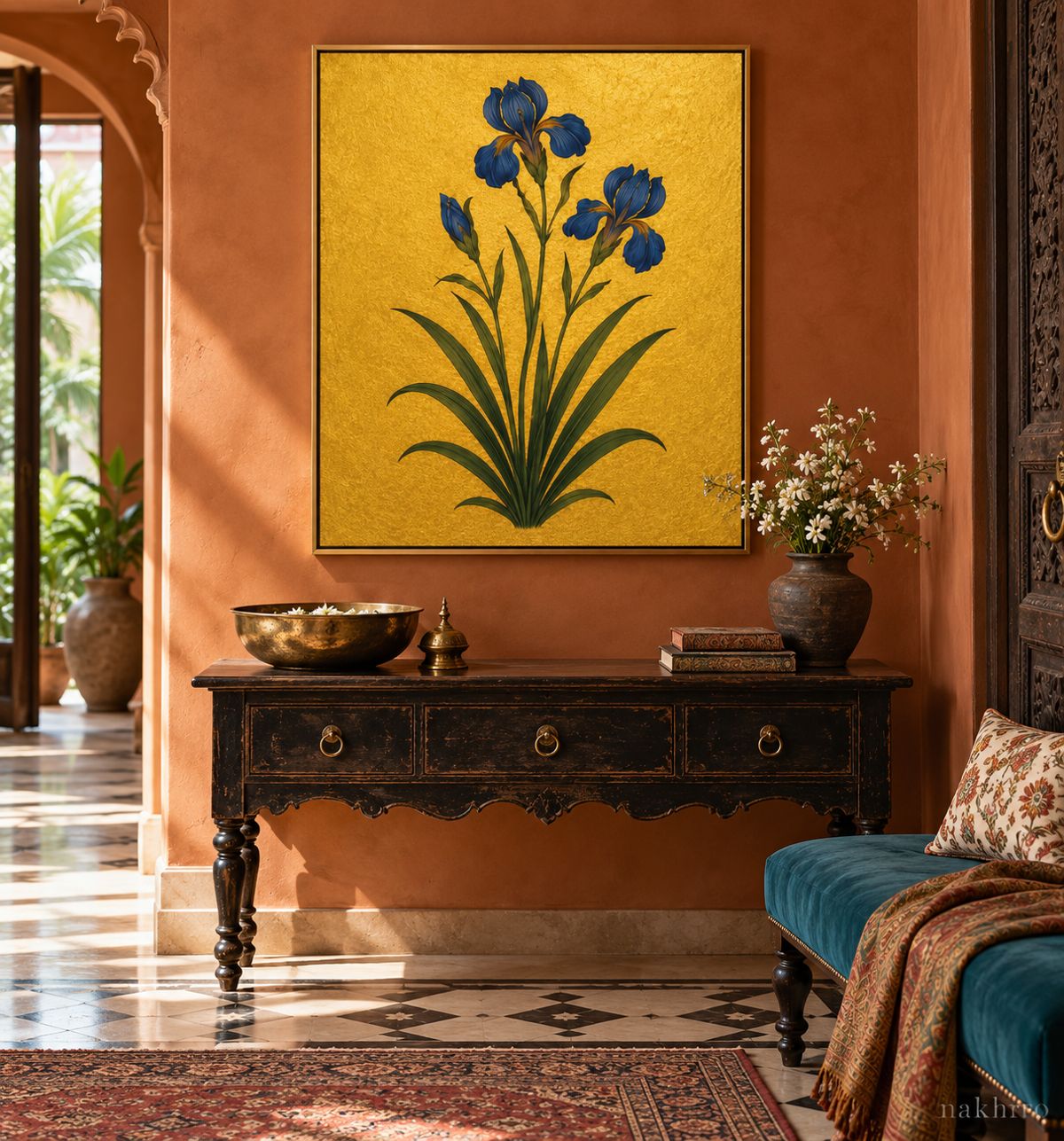 Deep Blue Iris on Gold | Mughal Botanical Art Print in a styled room