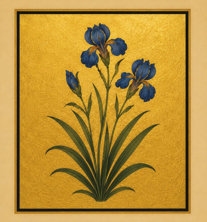 Deep blue iris blooms with golden accents rise above long blade-shaped leaves. Gold-ground botanical art.