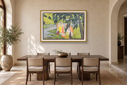 Divine Reunion – Krishna & Radha with Gopis museum-grade art print in a dining room