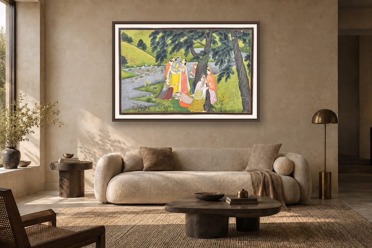 Divine Reunion – Krishna & Radha with Gopis museum-grade art print in a living room