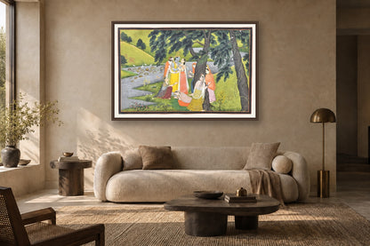 Divine Reunion – Krishna & Radha with Gopis museum-grade art print in a living room