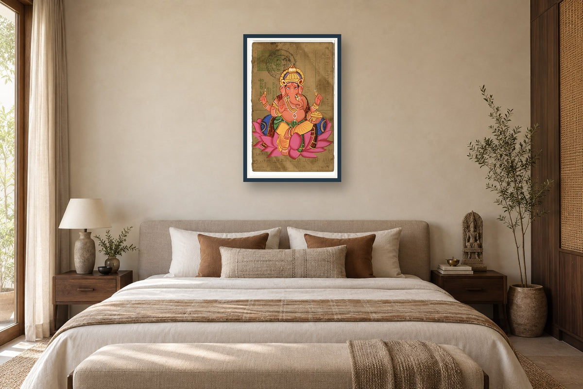 Diwali Maha Ganesha Postcard styled in a premium bedroom