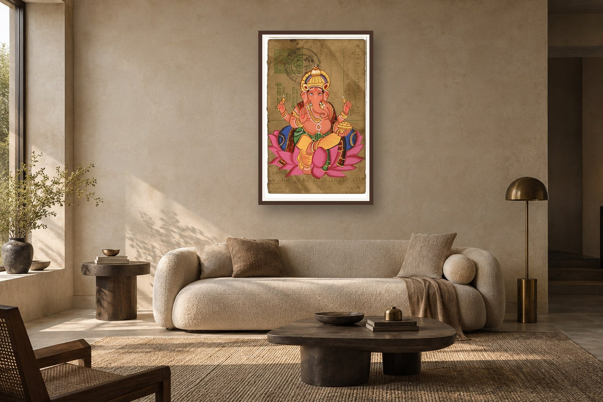 Diwali Maha Ganesha Postcard styled in a premium living room