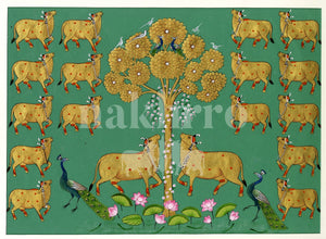 golden cows tree teal full | Nakhrro museum-grade archival print
