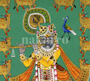 krishna golden cows teal detail 1 | Nakhrro museum-grade archival print