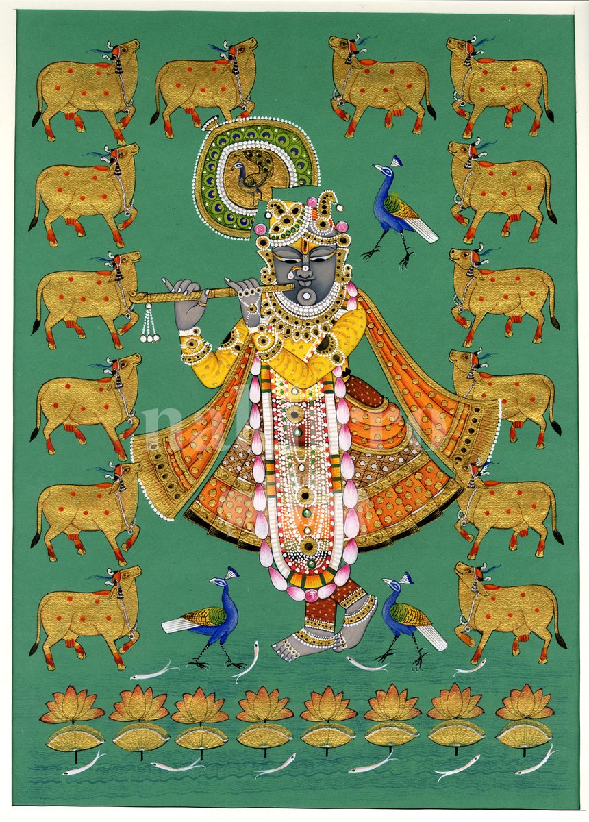 krishna golden cows teal full | Nakhrro museum-grade archival print