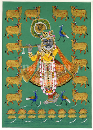 krishna golden cows teal full | Nakhrro museum-grade archival print