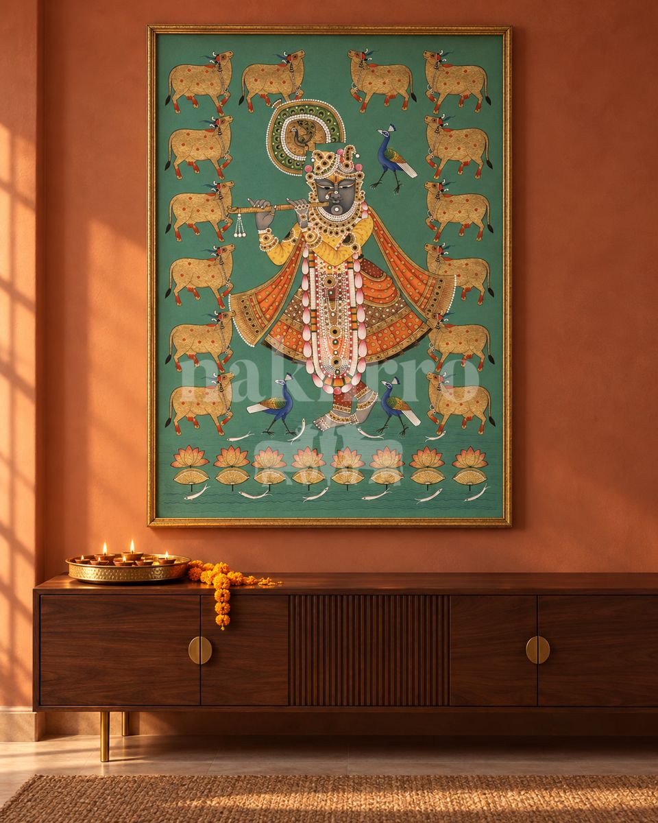 krishna golden cows teal — room setting