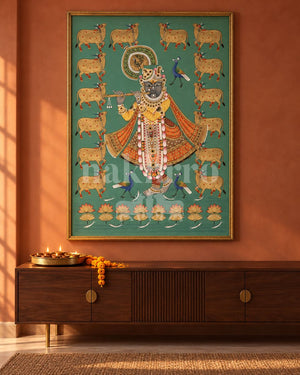 krishna golden cows teal — room setting
