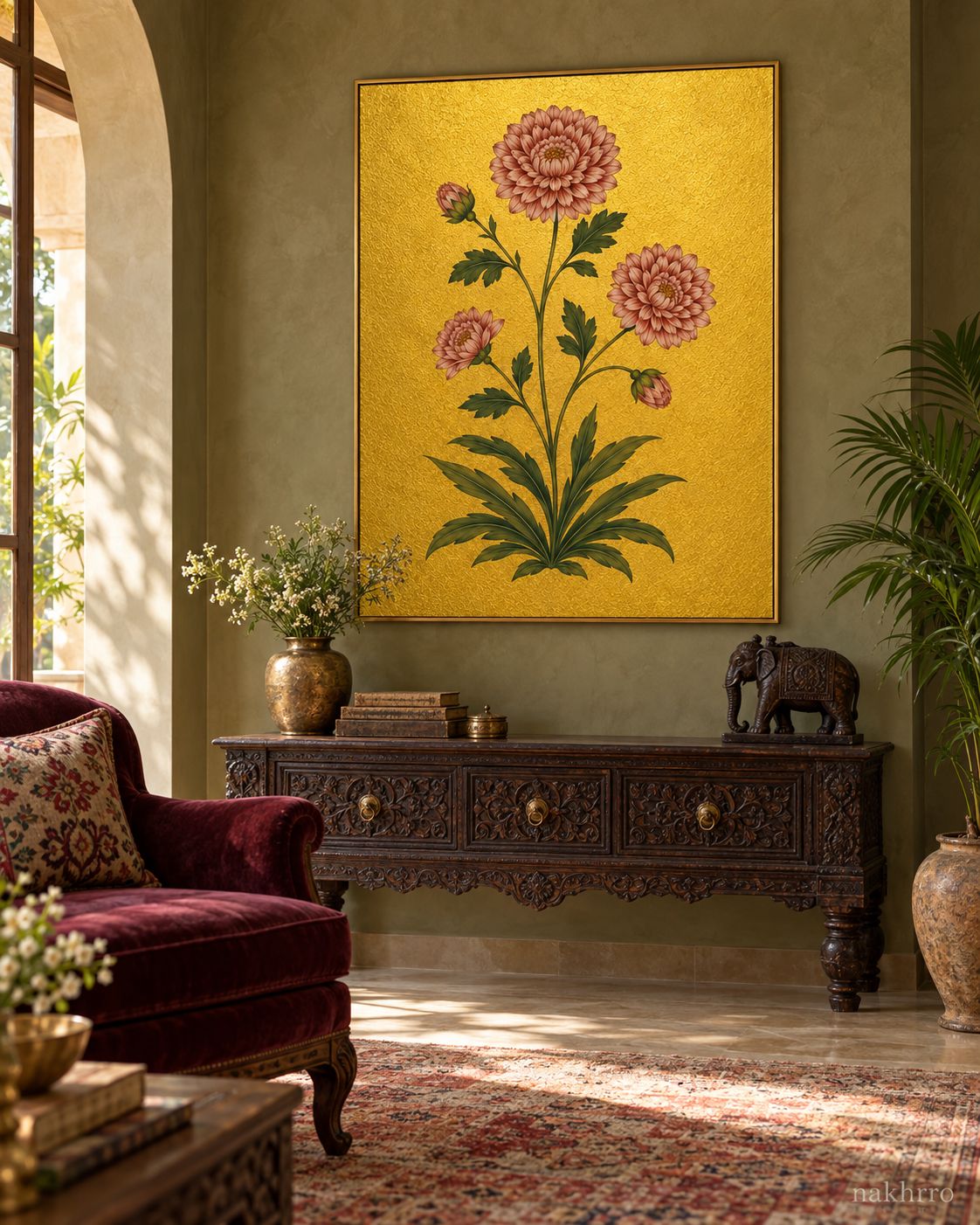Dusty Rose Round Blooms on Gold | Mughal Botanical Art Print in a styled room