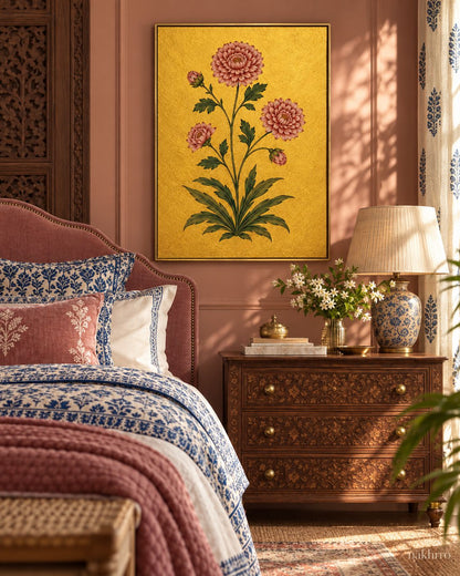 Dusty Rose Round Blooms on Gold | Mughal Botanical Art Print in a styled room