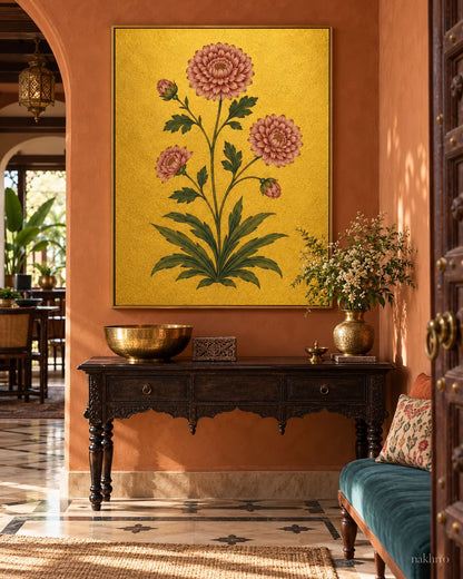 Dusty Rose Round Blooms on Gold | Mughal Botanical Art Print in a styled room