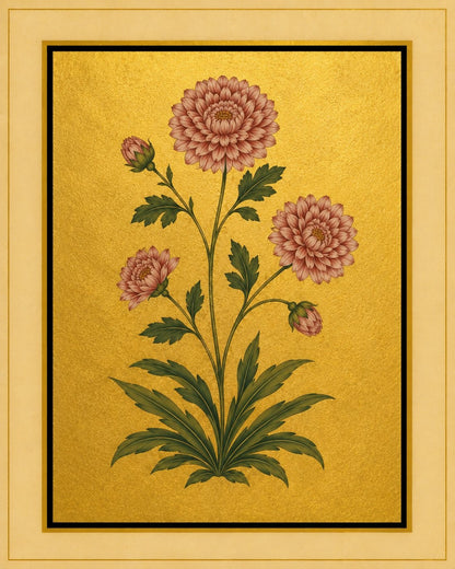 Three rounded dusty-rose blooms and small buds rise from finely cut foliage. Gold-ground botanical art.