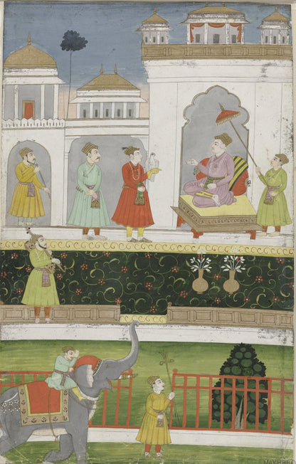 Emperor Akbar seated on his throne Mughal miniature art print